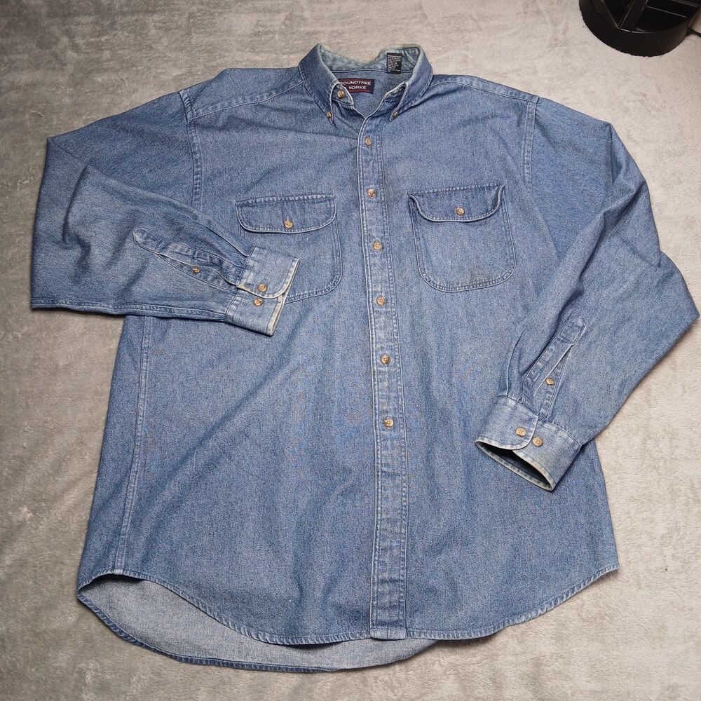 L VINTAGE ROUNDTREE & YORKE Chambray Shirt Blue Distressed Wabi-Sabi Americana L